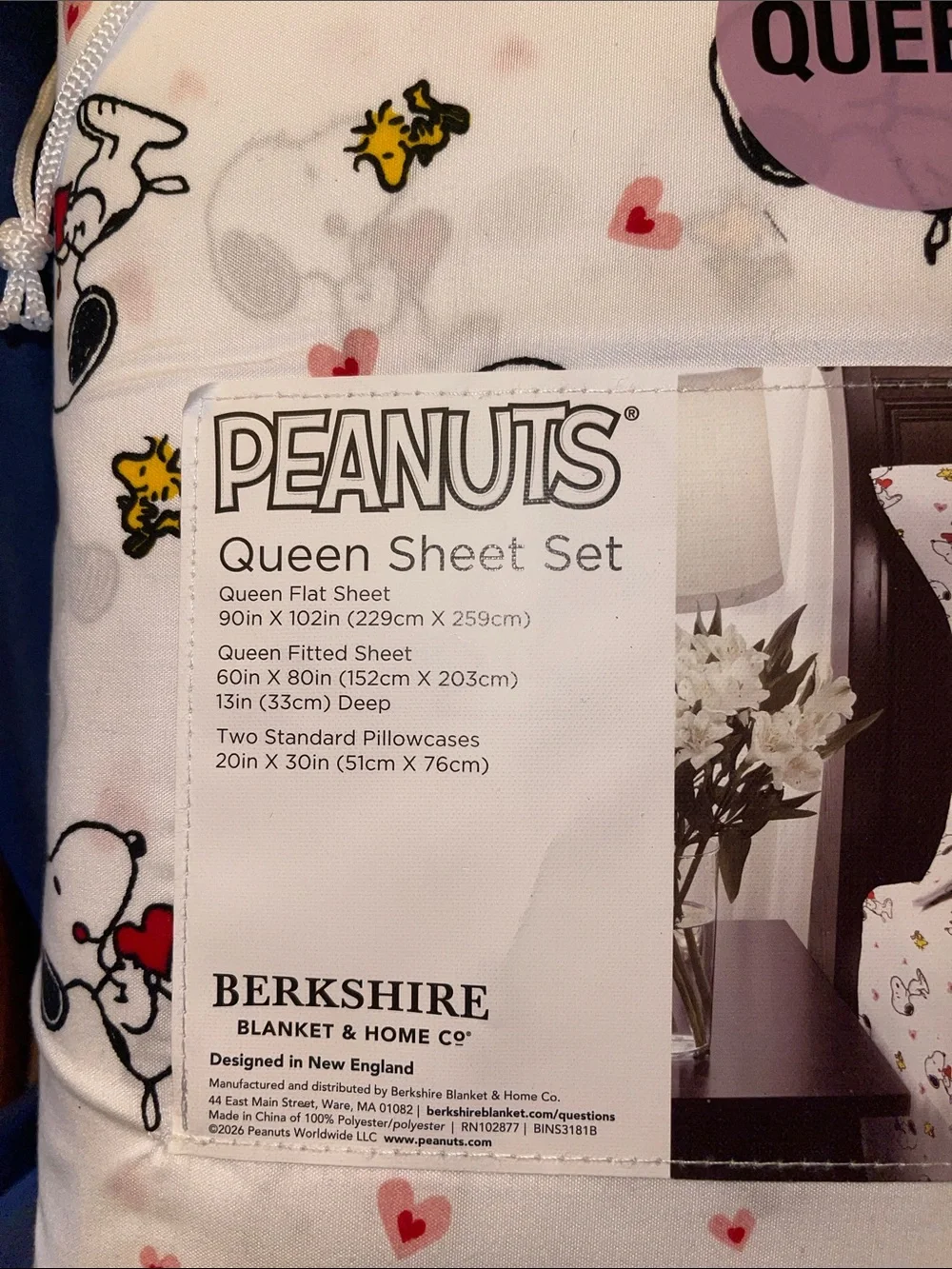 Peanuts Queen Sheet Set in White with Pink Hearts and Yellow Woodstock Accents